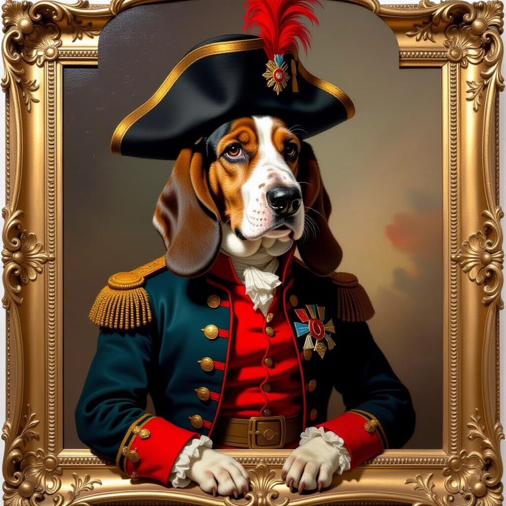 Basset Hound as Napoleonic Hussar in Rembrandt Style