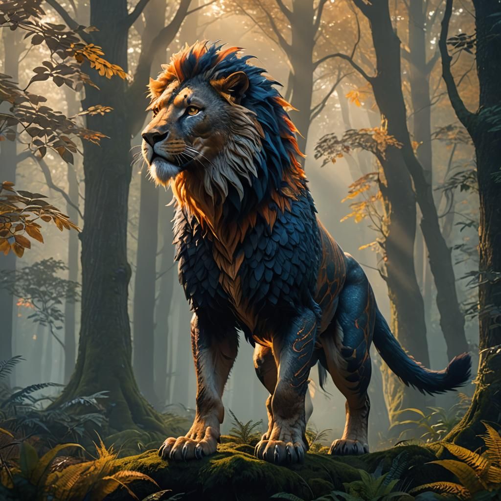 Half-Raptor, Half-Lion Creature in Misty Forest
