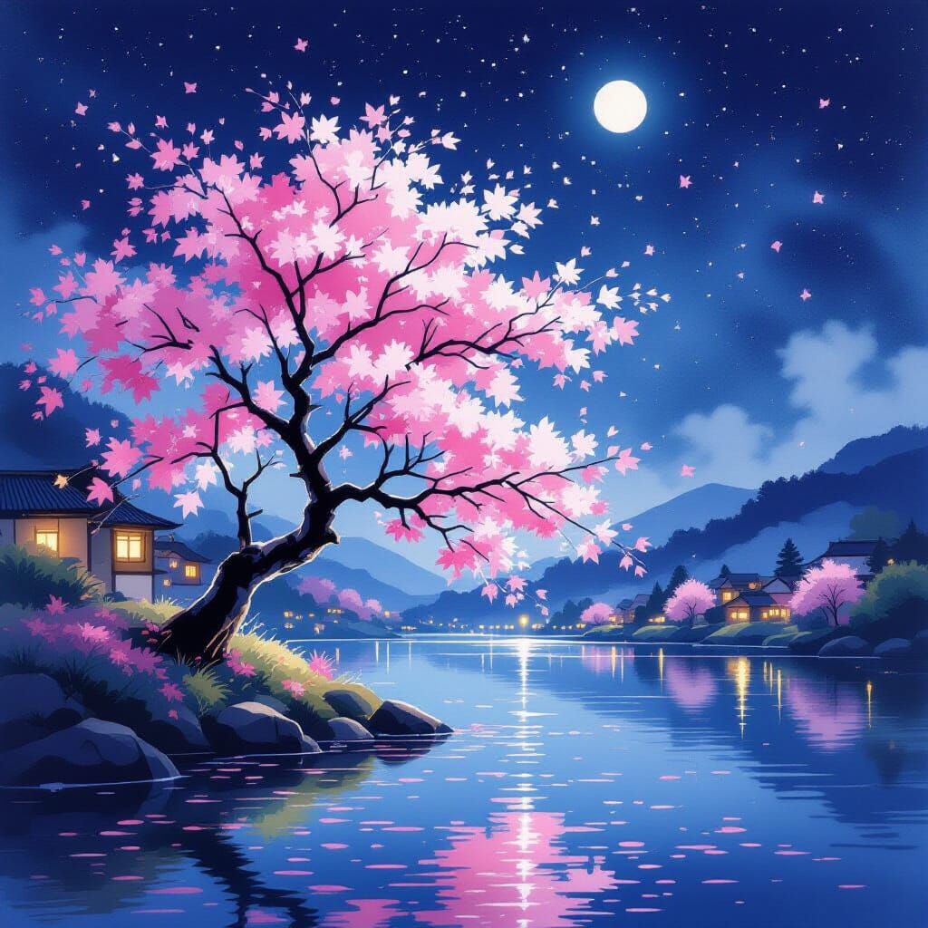 Majestic Sakura Tree at Night in Dreamlike Watercolor