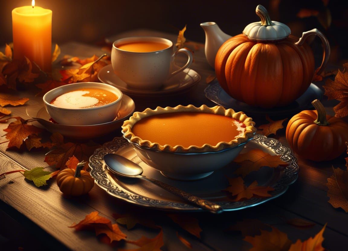 Pumpkin Pie and Tea Still Life, Detailed Matte Painting