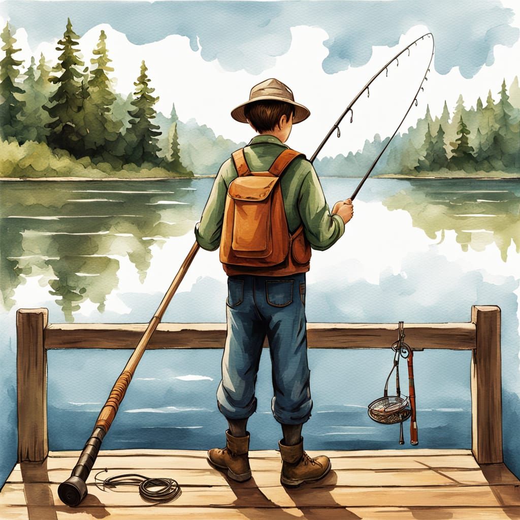 Fisherman with Rod on Deck in Storybook Style