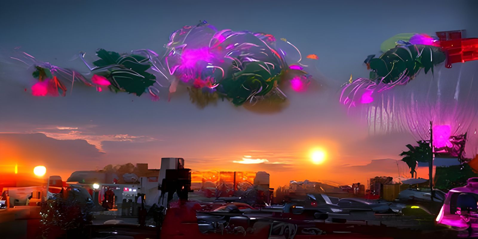 Cybernetic Sunset with Neon Showers in 8K