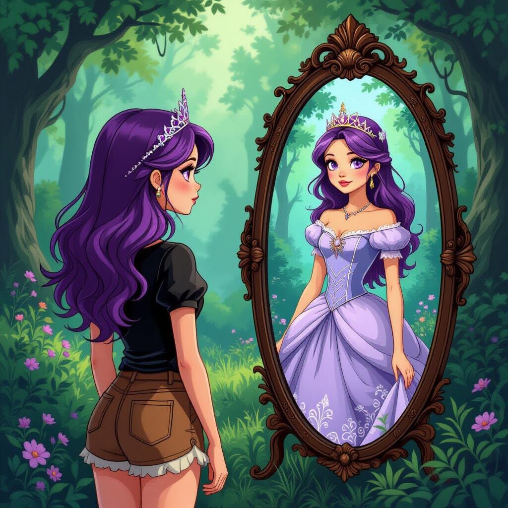 Girl in Forest Mirror Reflection: Fantasy Illustration