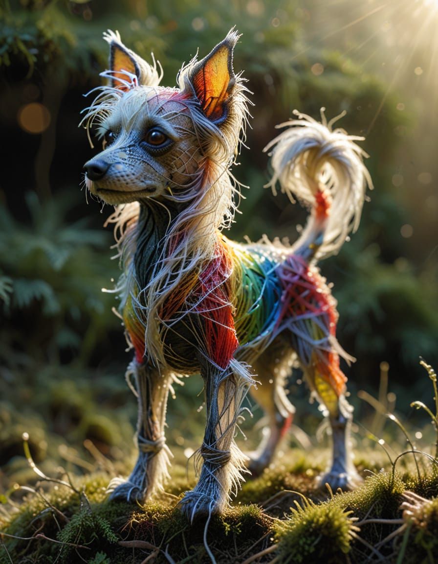 Chinese Crested Dog Sculpture of Spiderwebs in Sunrise Light