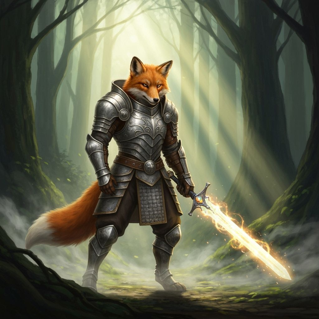 Fox Knight in Enchanted Forest with Glowing Sword