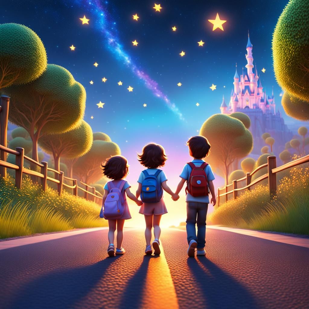 Toddlers Walking Under Starry Sky, 3D Digital Art