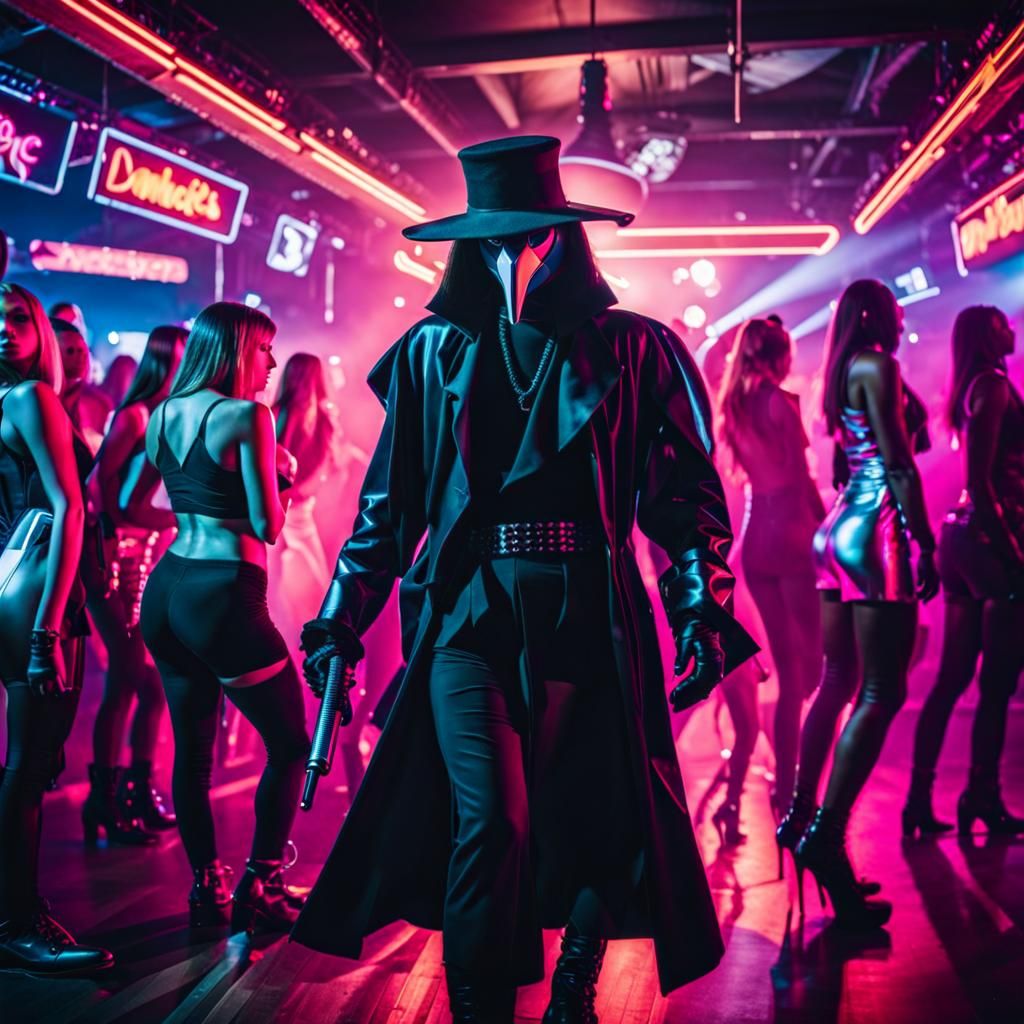 Plague Doctor Grooves in Neon Synthwave Nightclub