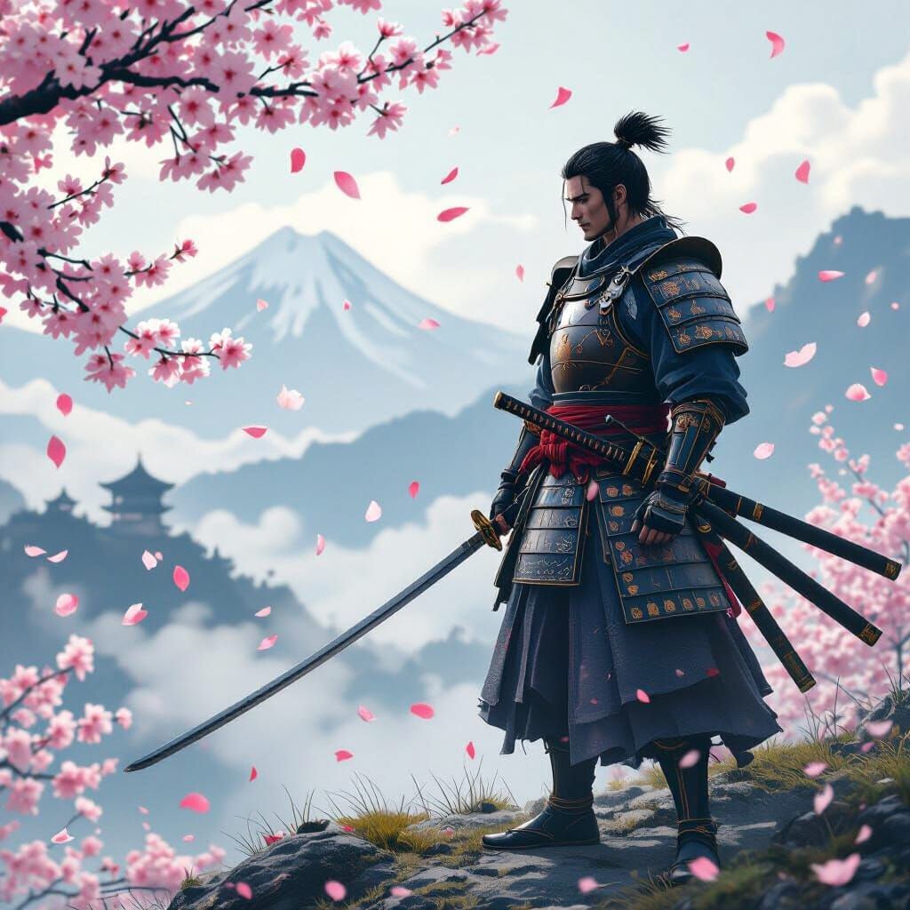 Samurai on Misty Mountaintop in Anime Style