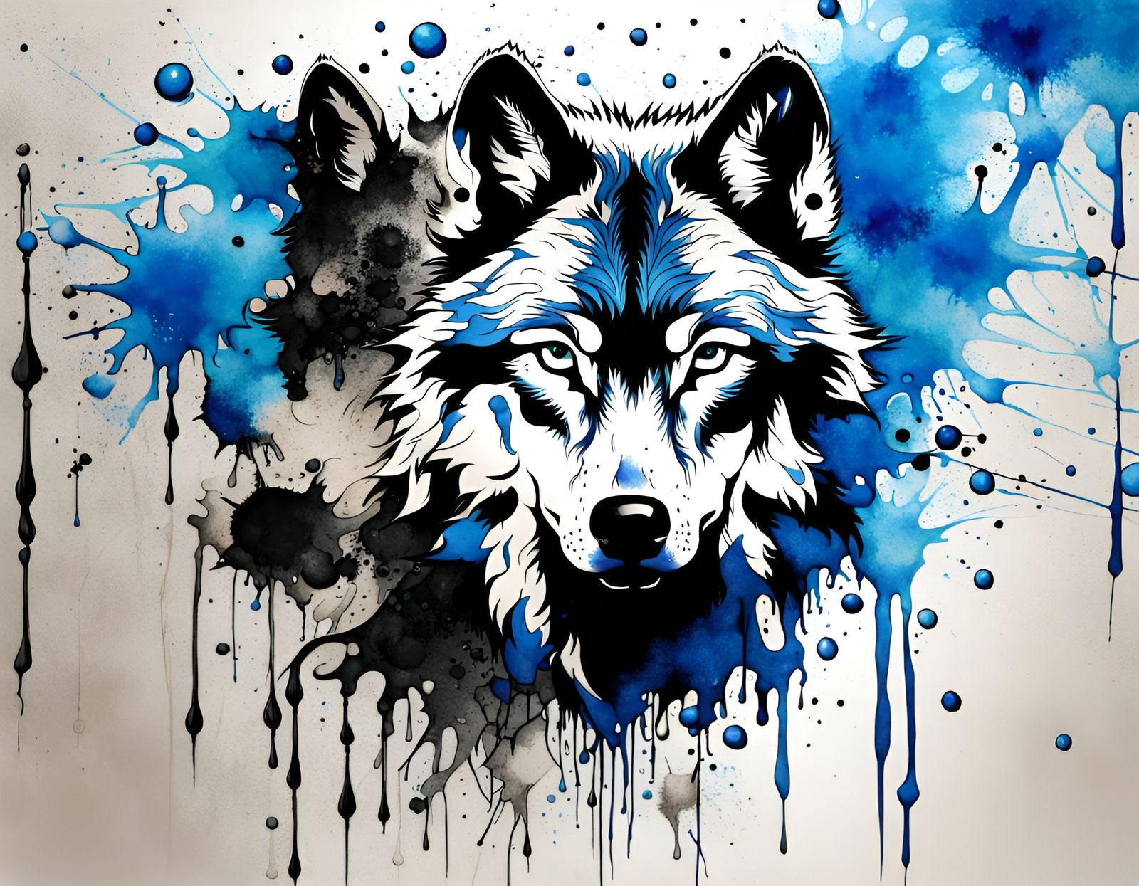 Ink Drawing of a Wolf with Blue Splatters