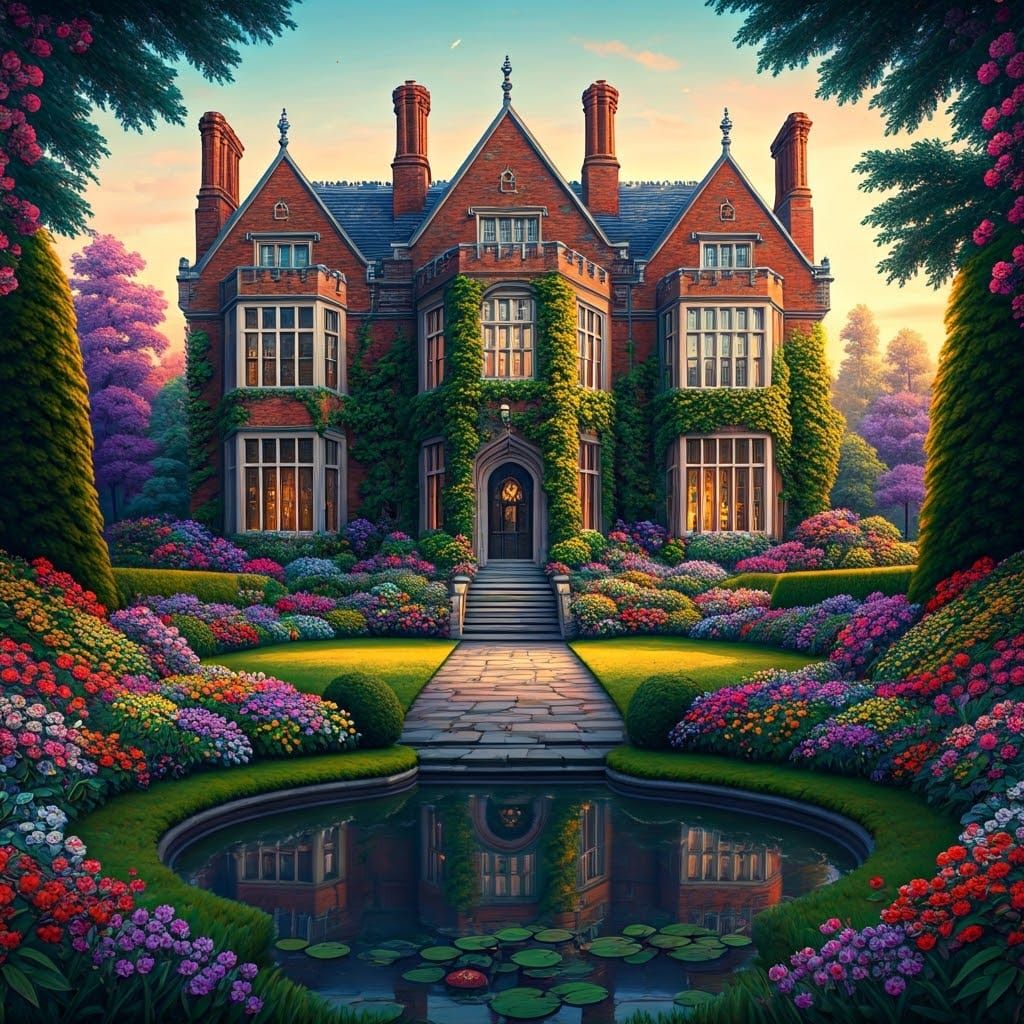 Ethereal Red-Brick Manor in Vibrant Garden