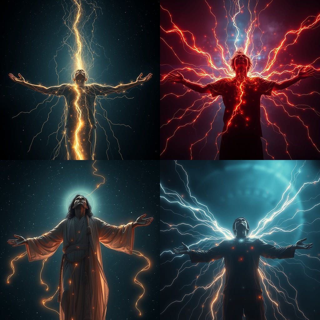 Mystical Silhouette with Glowing Energy Lines in Cosmic Ligh...