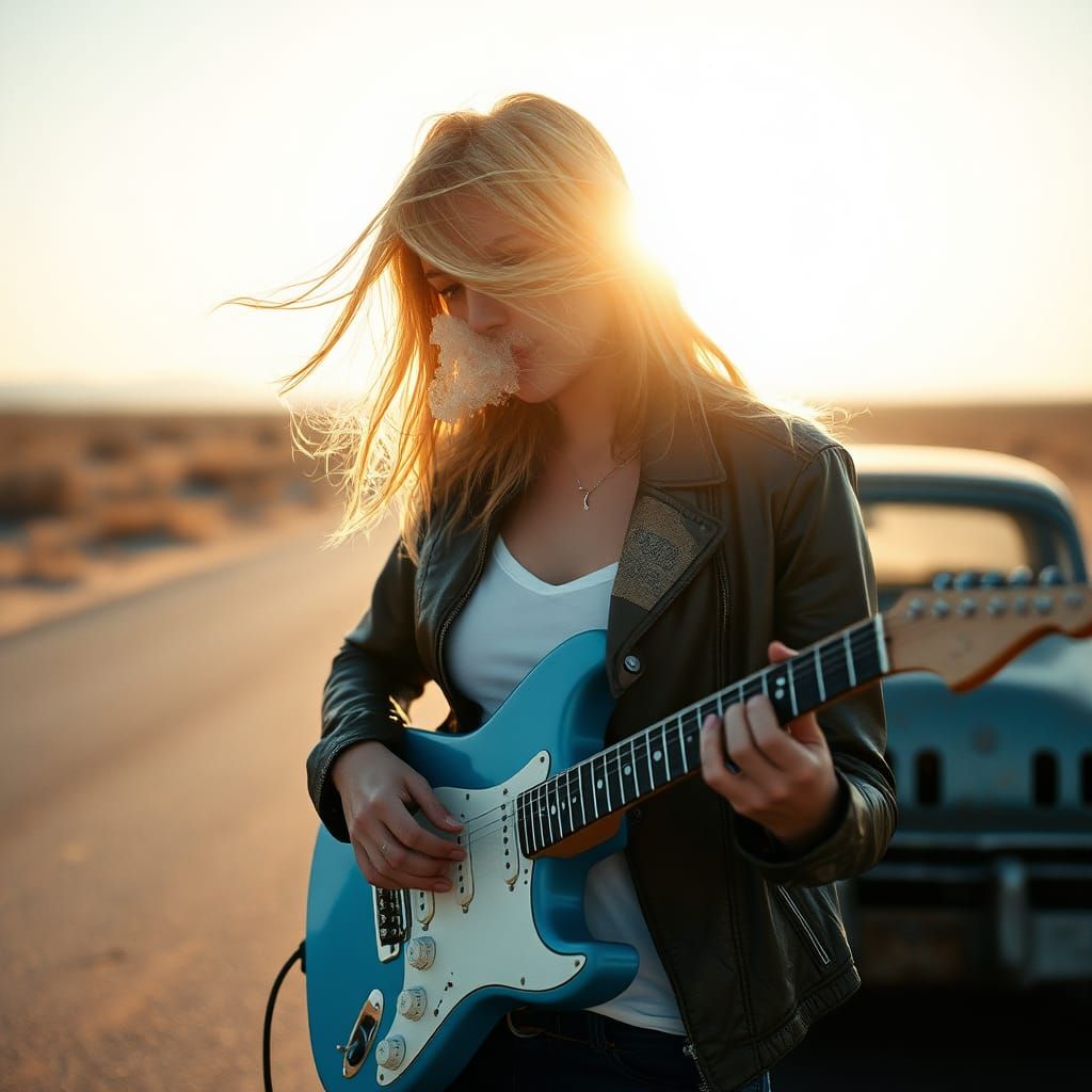 Guitarist Silhouetted on Deserted Road: Cinematic Style