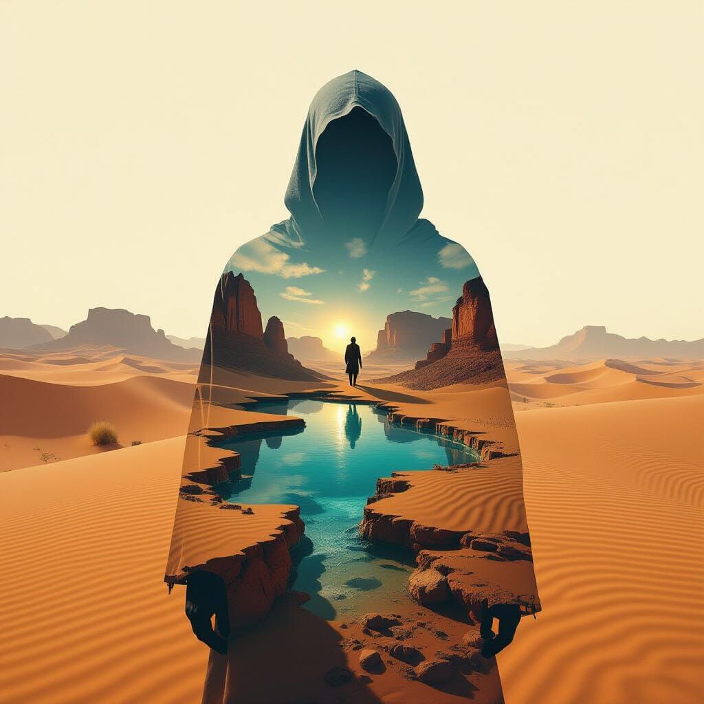Double Exposure: Desert Voyager and Oasis Landscape
