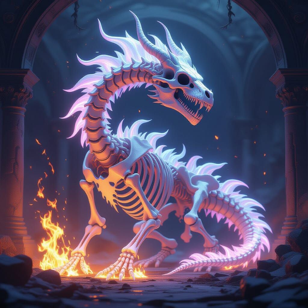 Living Dragon Skeleton Ablaze with White Flames