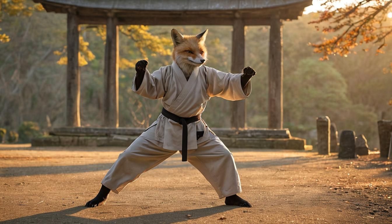 Fox Practicing Martial Arts Kata at Sunset