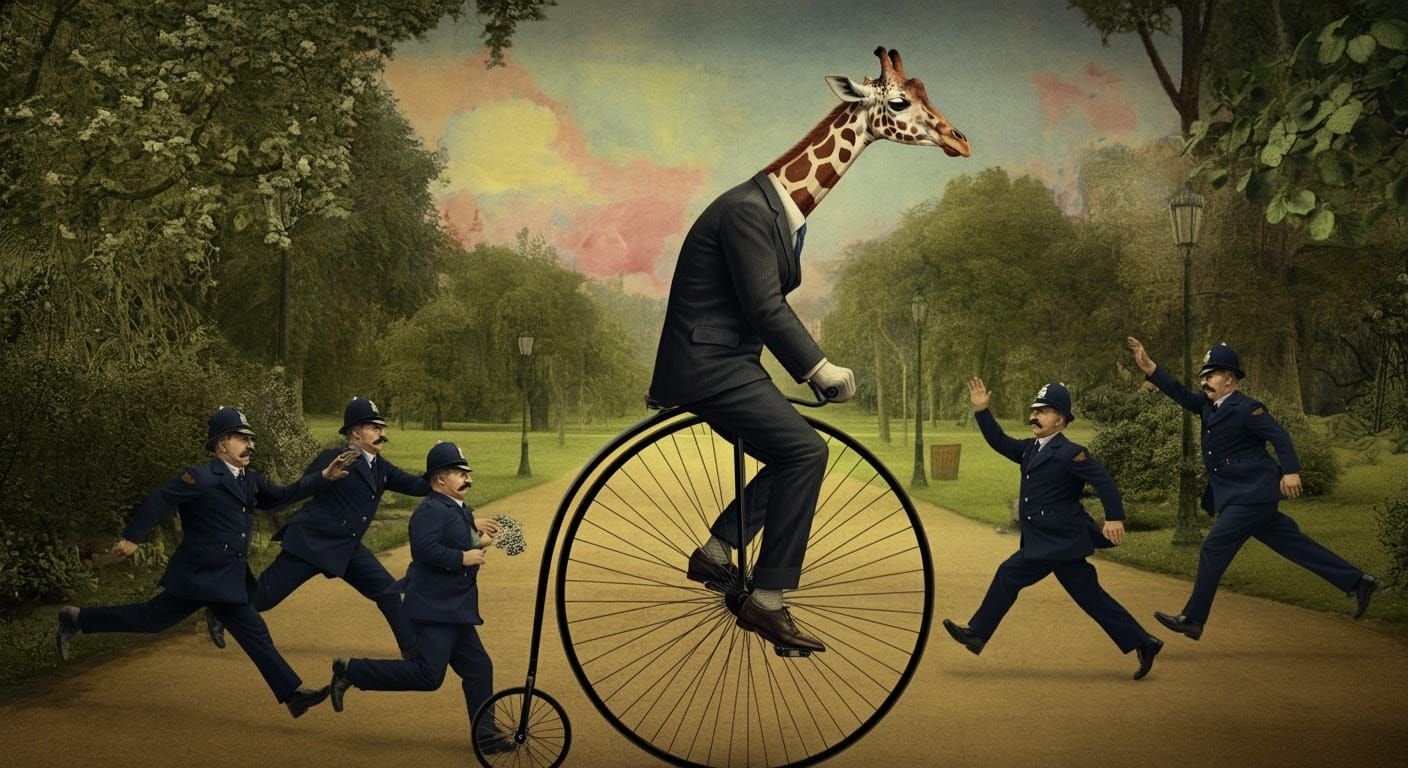 Giraffe Cyclist in Whimsical City Park
