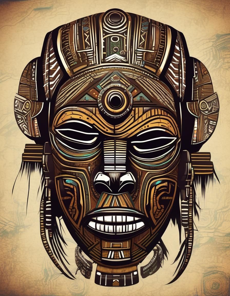 Cyberpunk African Tribal Mask: High-Tech Tradition