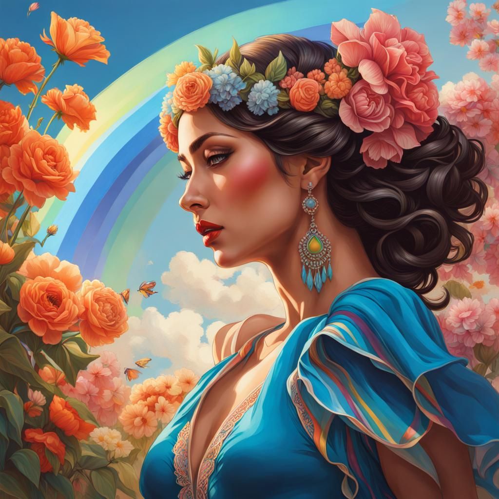 Hyperrealistic Woman with Flower Crown Dancing Flamenco