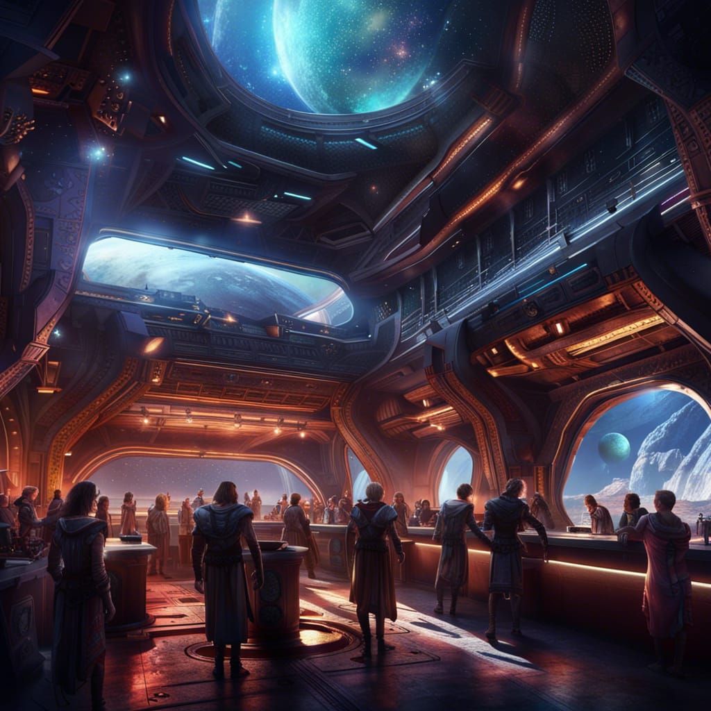Futuristic Spaceport Bar with Roman Patrons