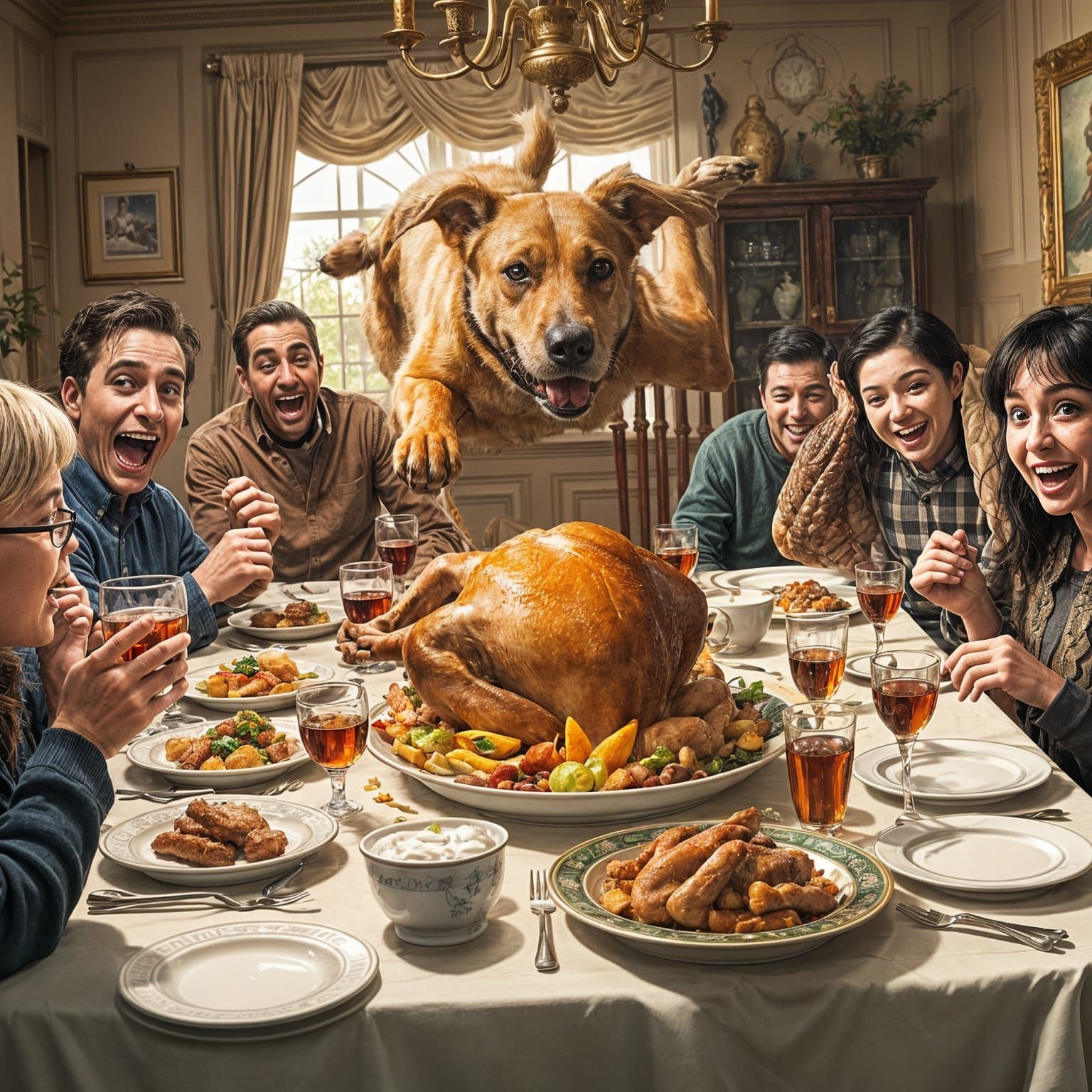 Thanksgiving Dog Steals Turkey: Funny Digital Painting