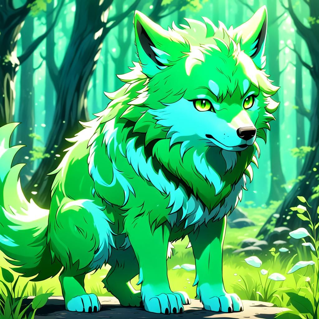 Cute Anime Light Green Wolf in Detailed Painting