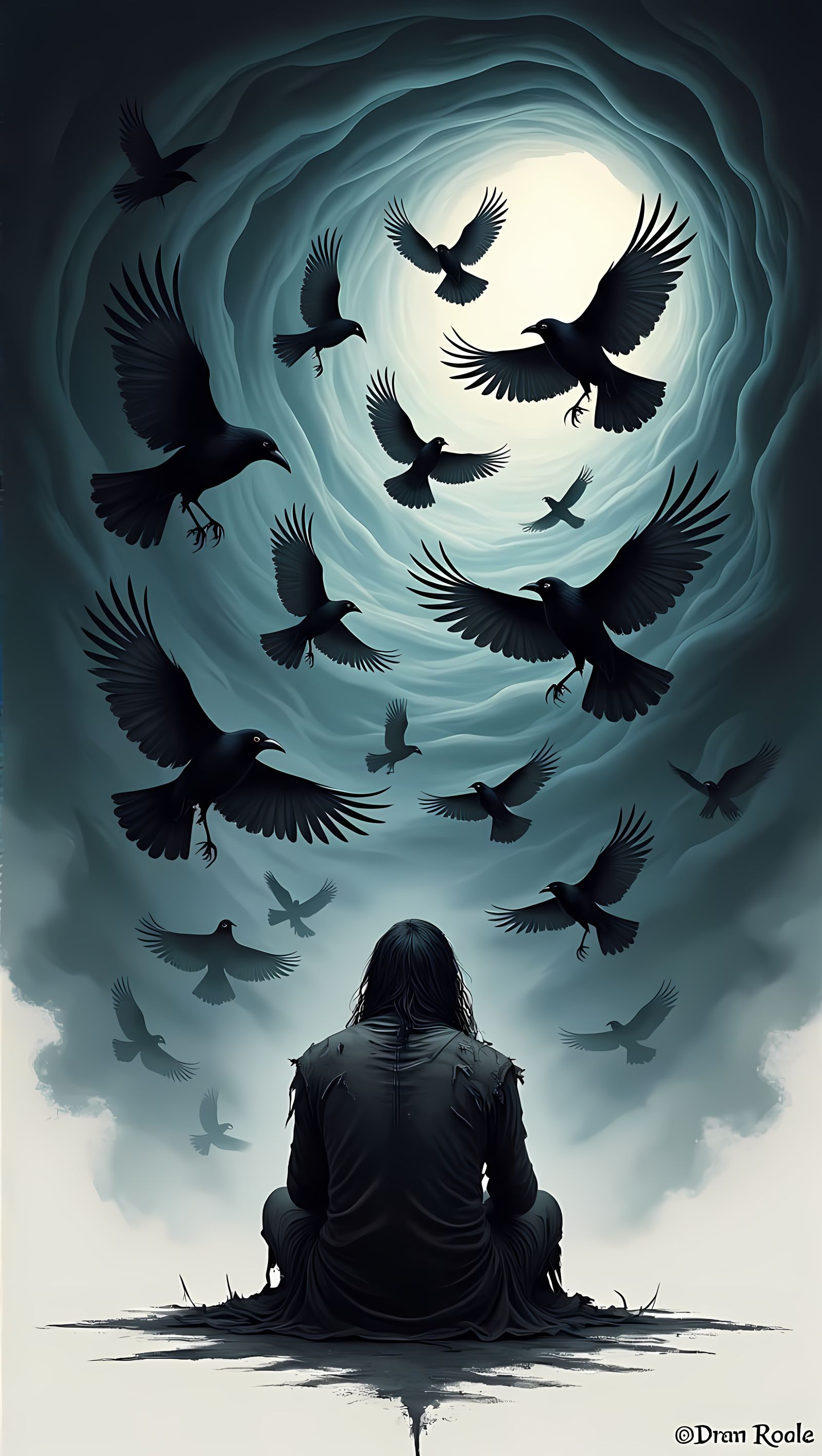 Dark Fantasy Figure Surrounded by Swirling Crows in a Vortex...