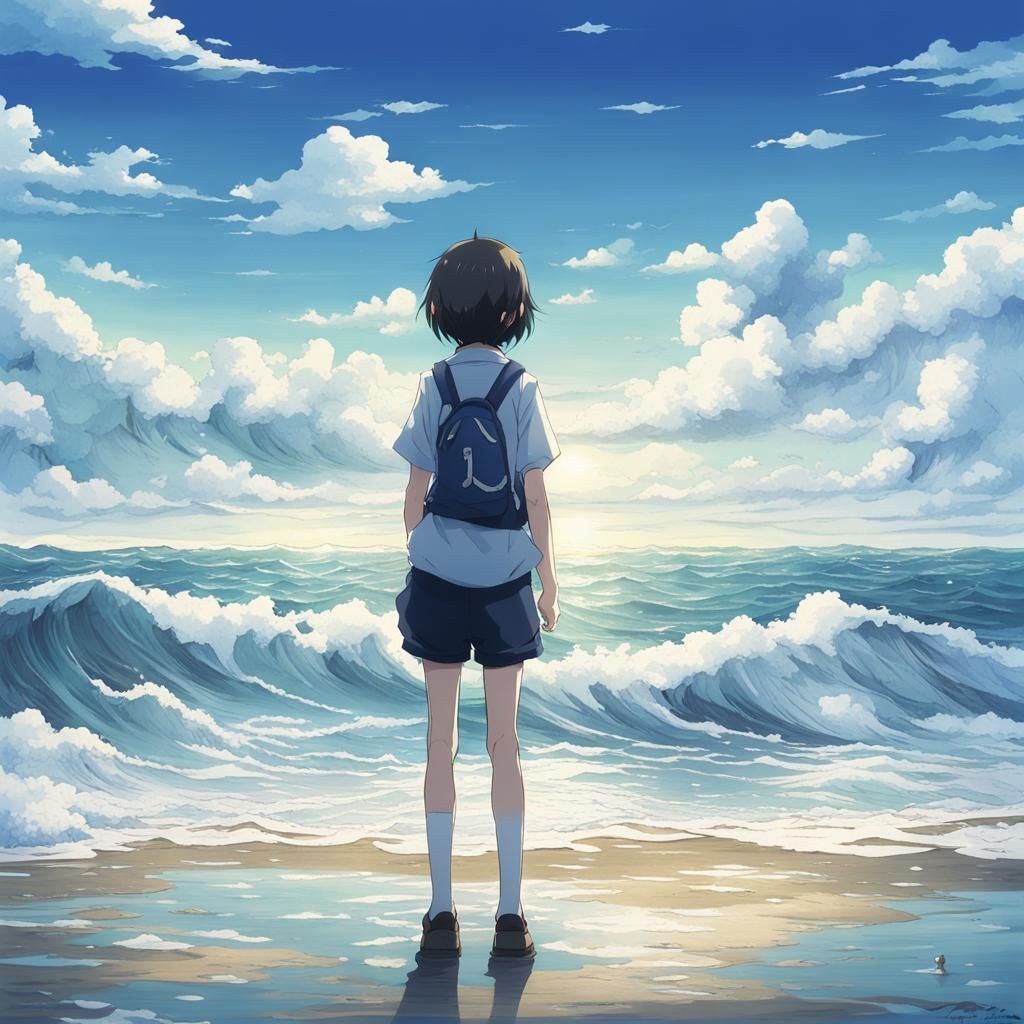 Anime Girl at Sea in Manga Style