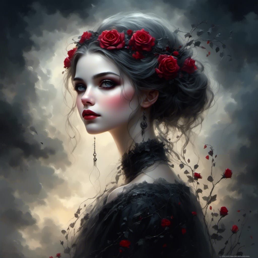 Gothic Teen Portrait with Red Rose, Airbrush Art