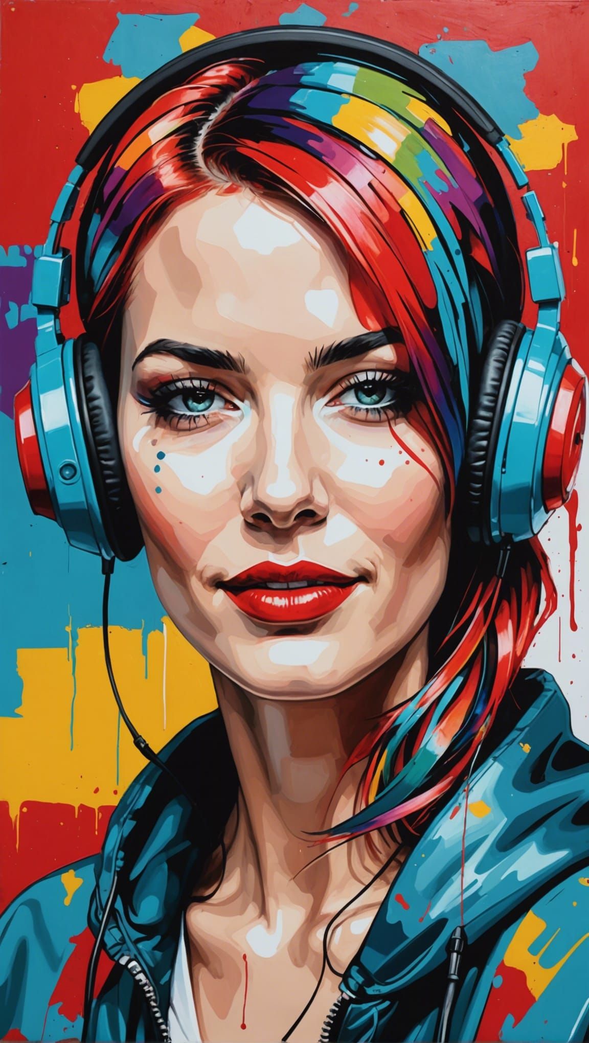 Pop Art Portrait of Man and Woman with Headphones