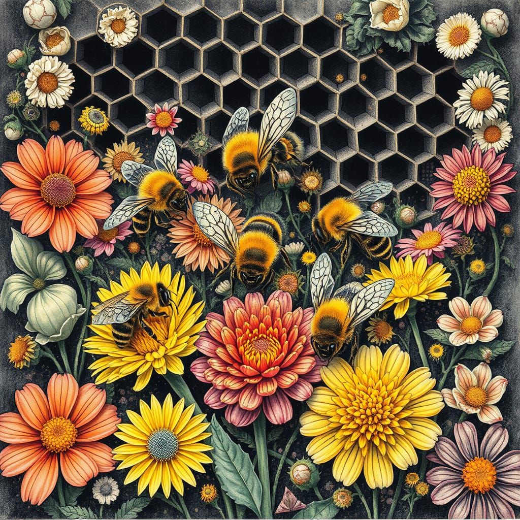 Bees and Honeycomb in Charcoal Drawing Style