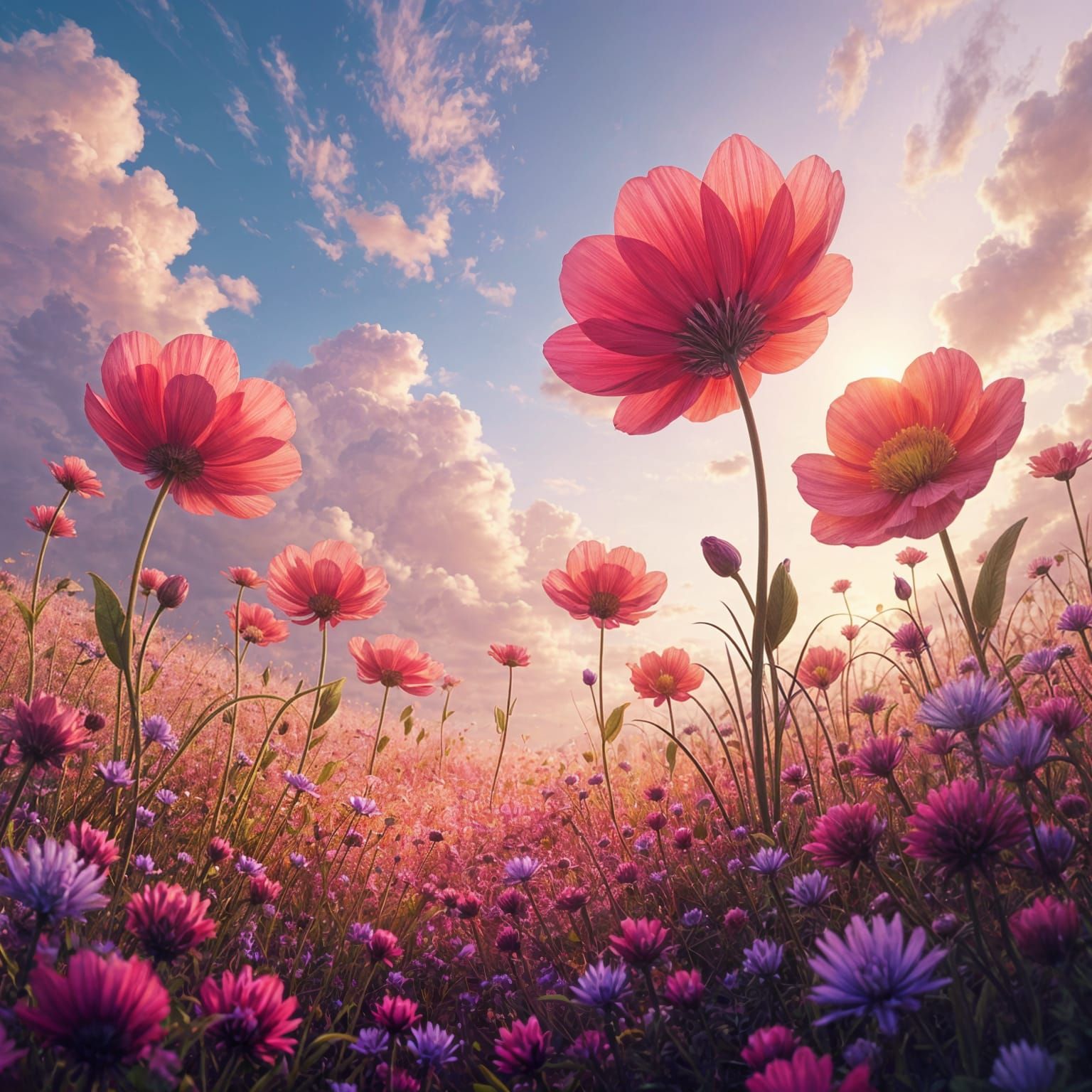 Surreal Dreamscape: Giant Flowers in a Whimsical Meadow