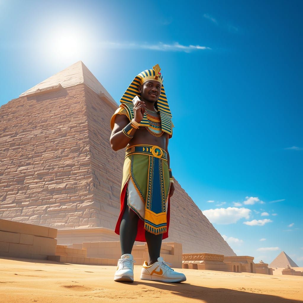 Egyptian Pharaoh Embracing Modernity in Ancient Landscapes