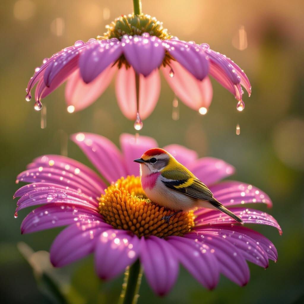 Tiny Songbird Shelters Under Purple Daisy in Golden Rain