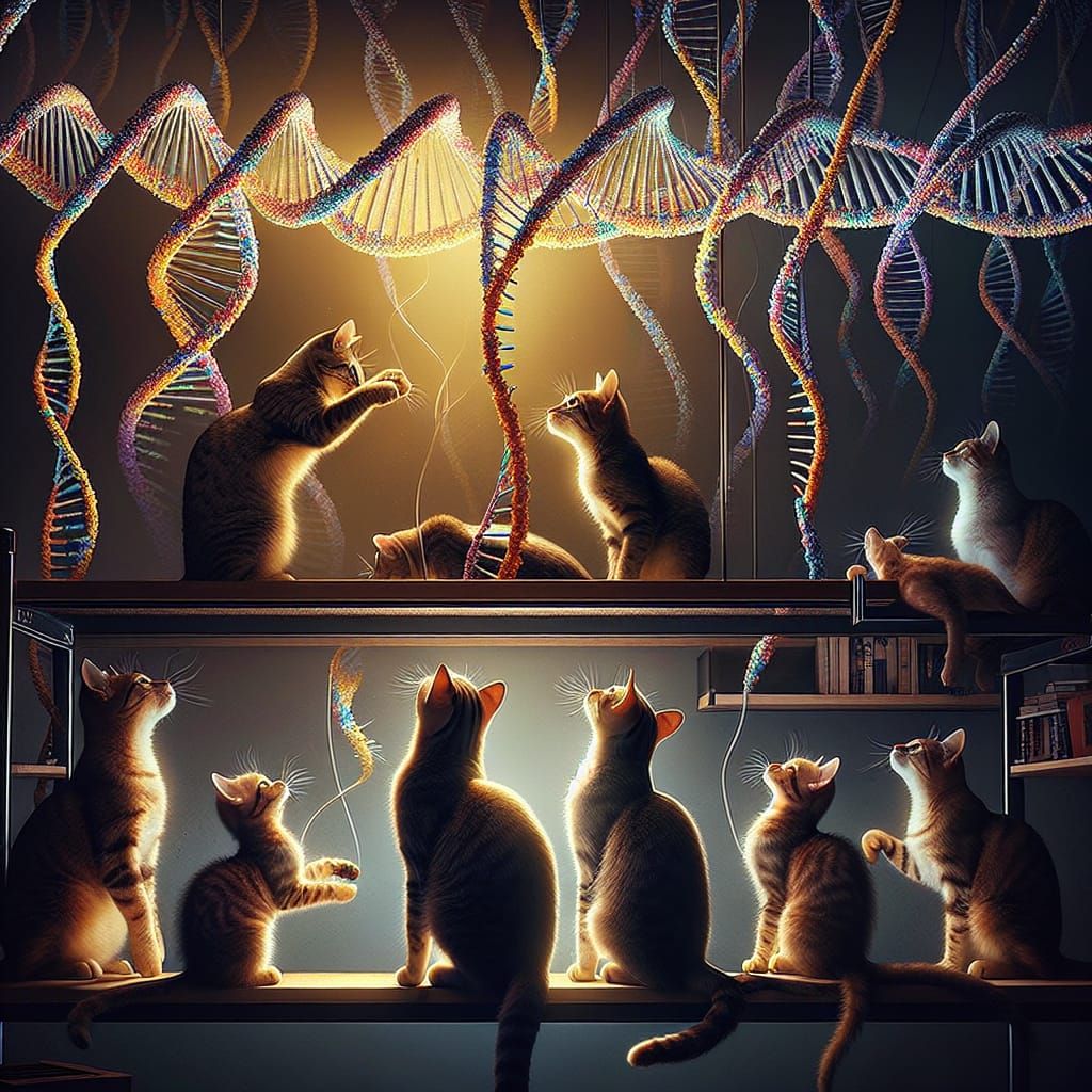 Cats Play with DNA Strands in Hyperrealistic HDR