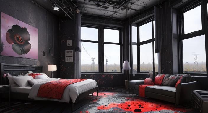 Hyperdetailed Ink Splatter Poppy Field in Industrial City