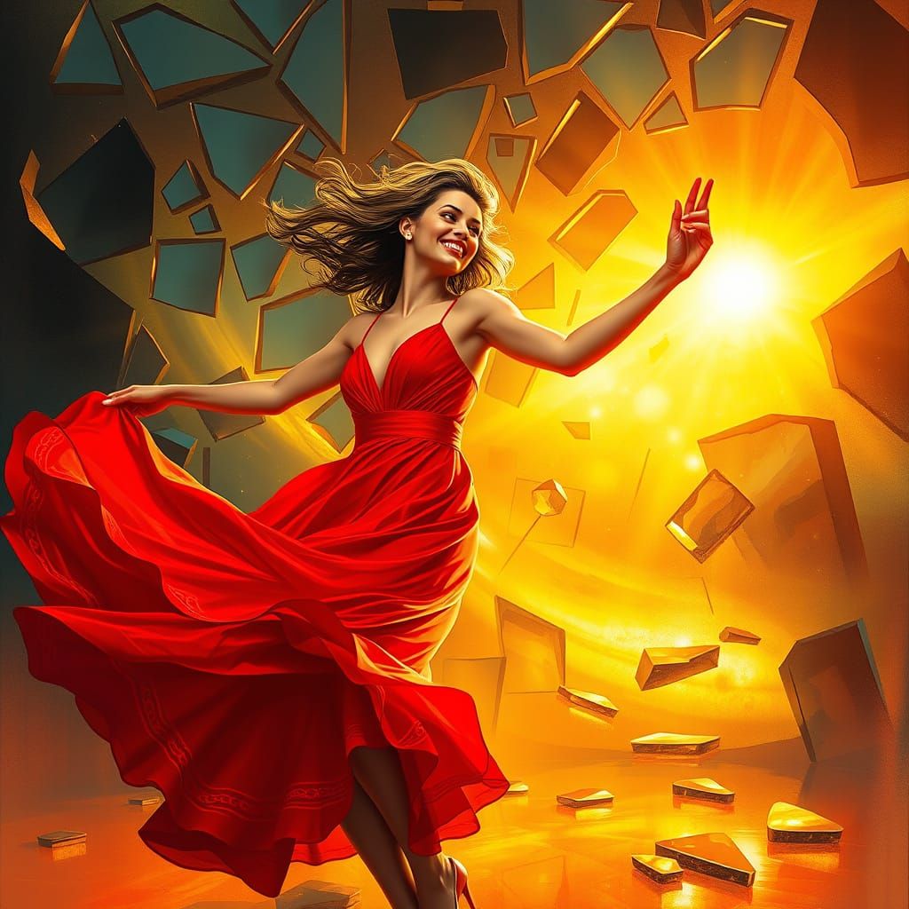 Ethereal Woman in Vibrant Red Dance Amidst Shattered Mirrors