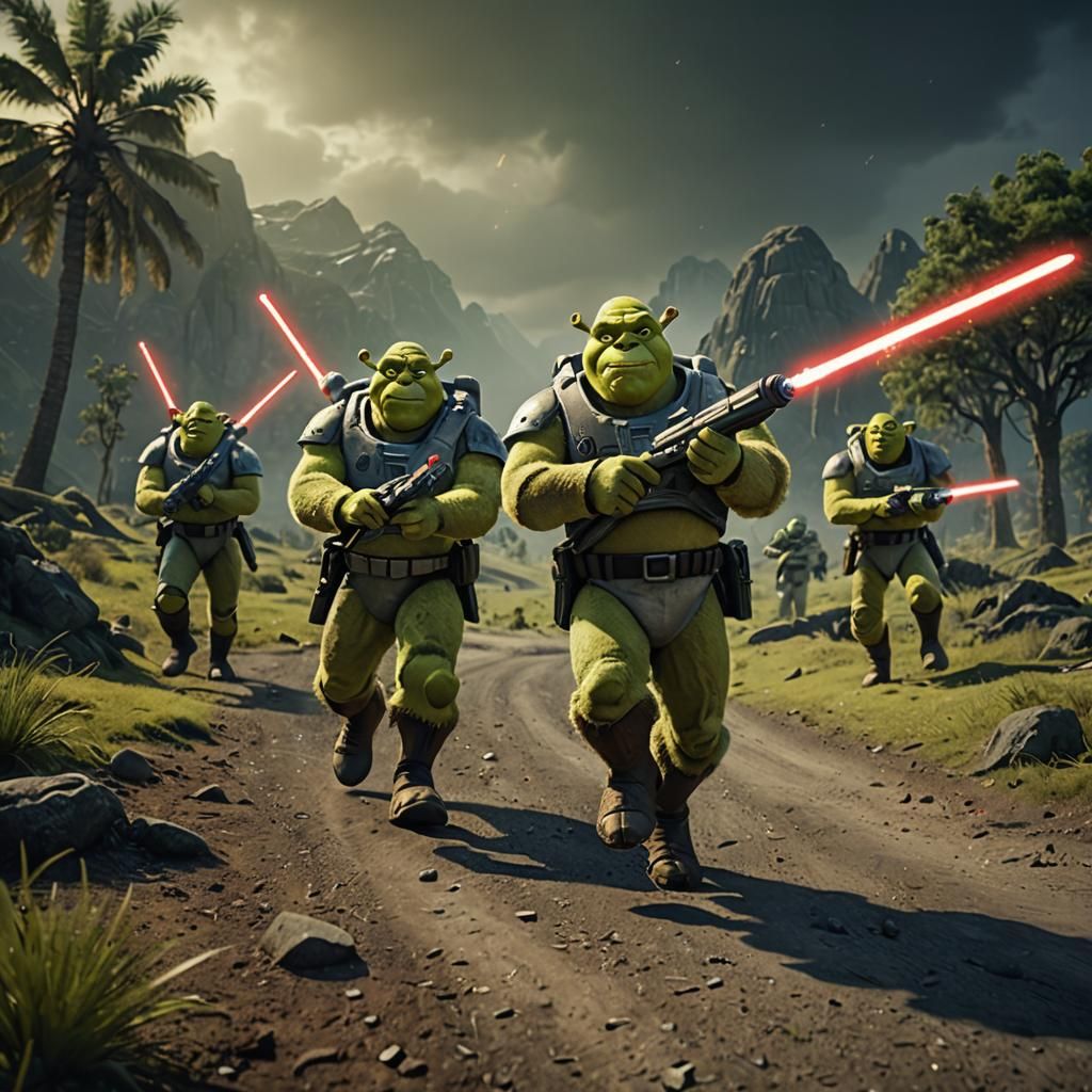 Shrek with Lightsabers Chasing Marines: Cinematic Film Still
