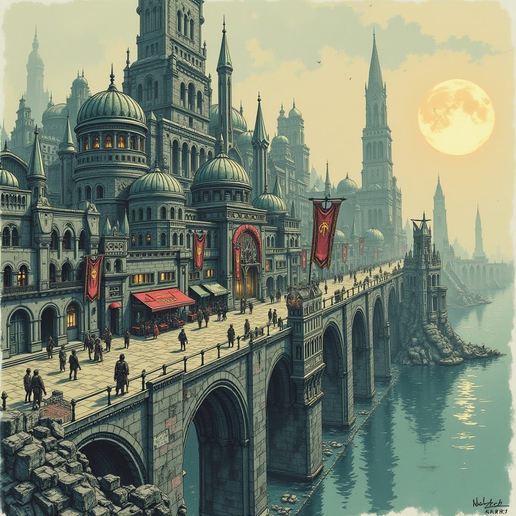 Ancient Cityscape of Volantis in Retro-Futuristic Style
