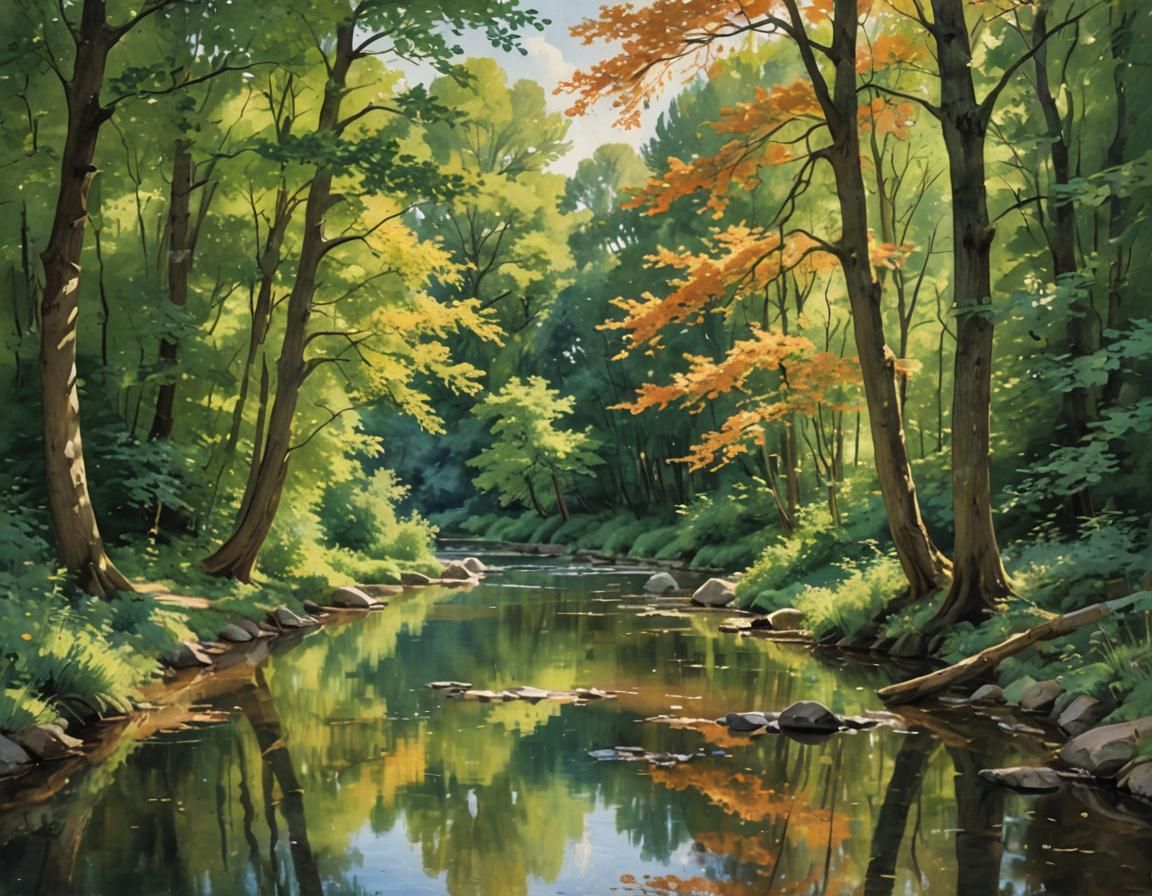 Late Summer Park Stream in Watercolor Style