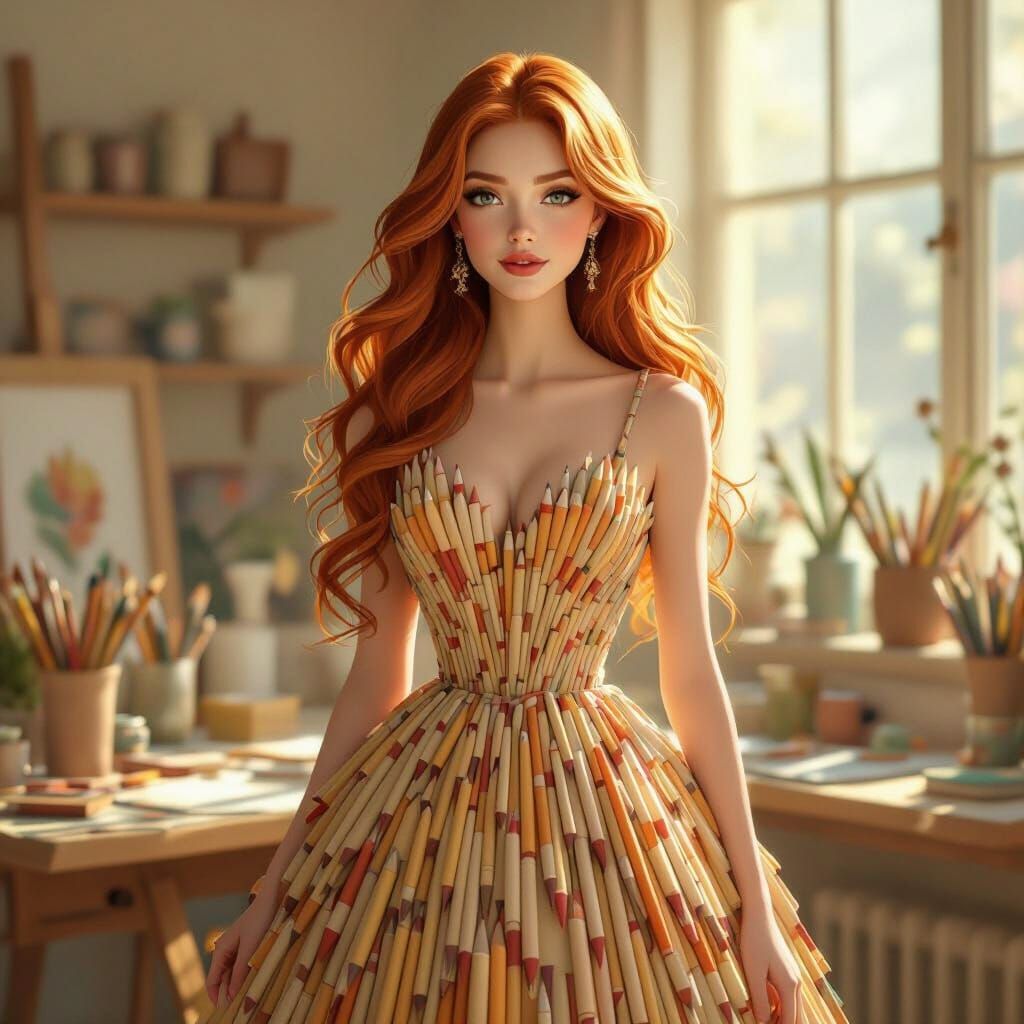 Elegant Woman in Pencil Dress in Sunlit Studio