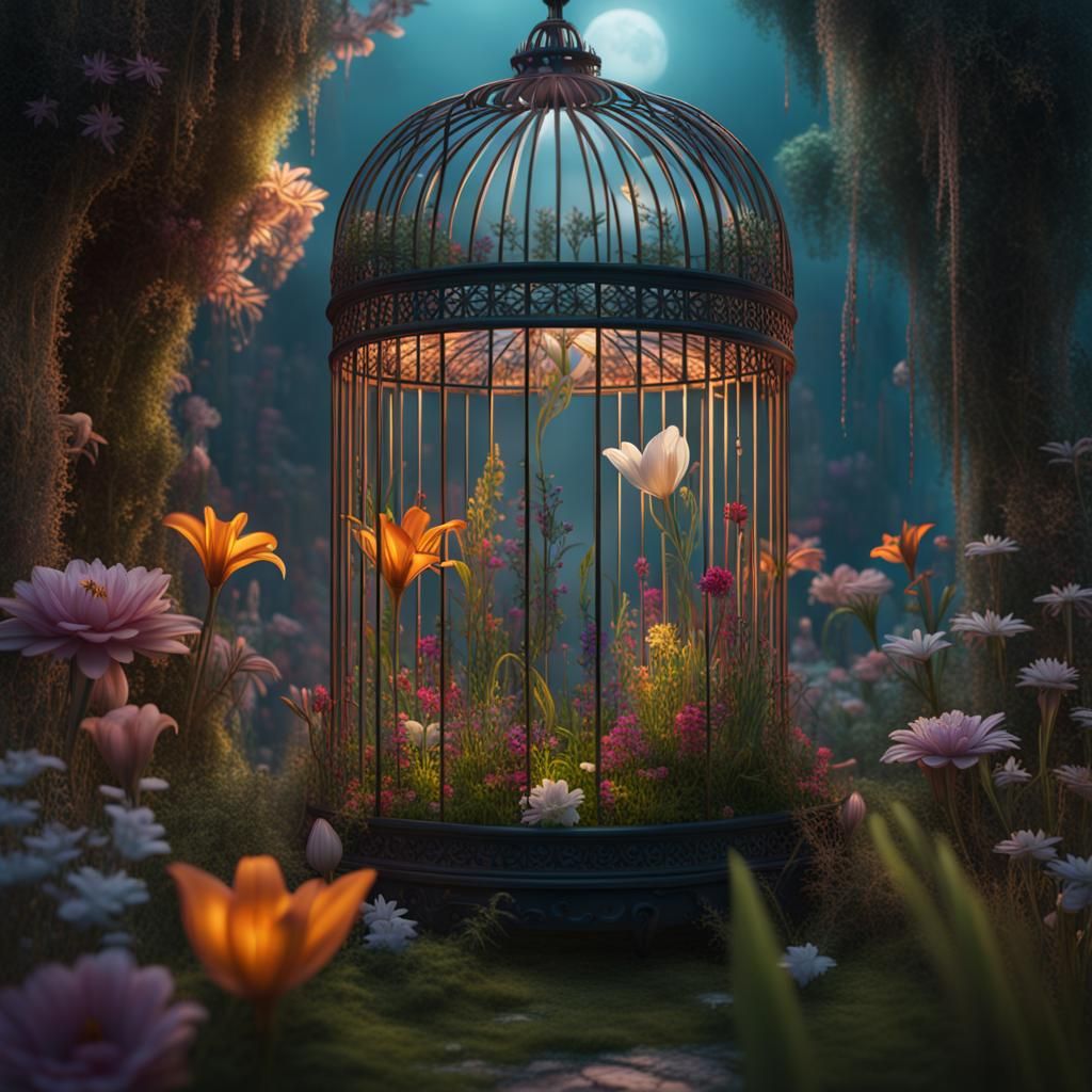 an otherworldly garden inside a birdcage, with vibrant wildflowers and lilies creating a whimsical, miniature paradise.