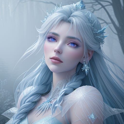 Goddess of Ice in Ethereal Fantasy Landscape