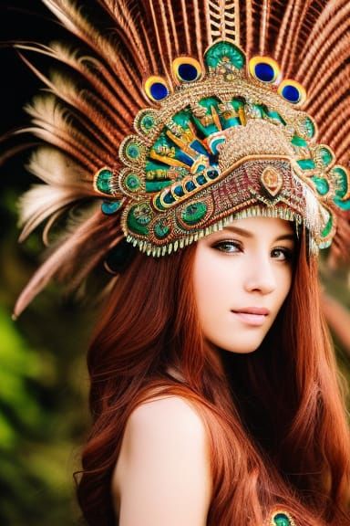 A petite redhead, elaborate headdress fan of peacock-feathers, wearing intricate detailed Aztec armor, ornate, clear fac...