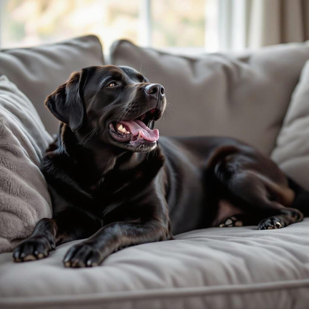 Black Lab Dog Sleeping Peacefully on Couch