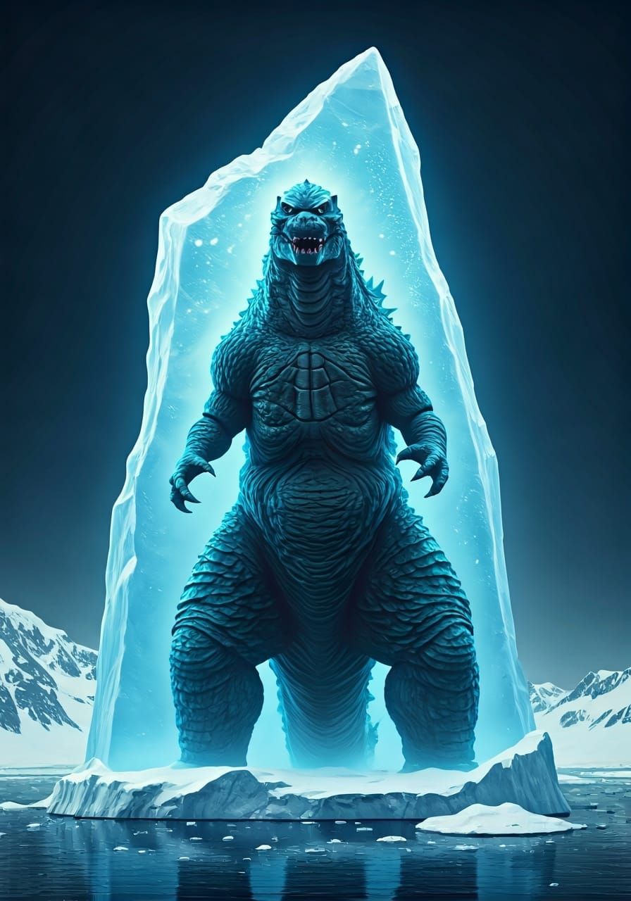 Godzilla Encapsulated in Antarctic Ice, Photorealistic