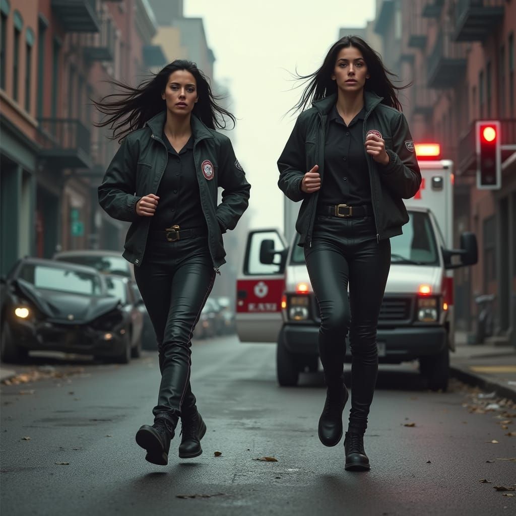 Athletically Built Women in EMT Gear Sprint Down a Gritty St...