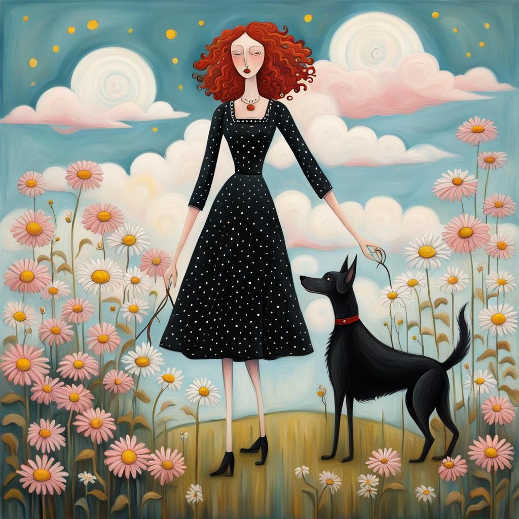 Whimsical Folk Art: Woman and Dog Among Daisies