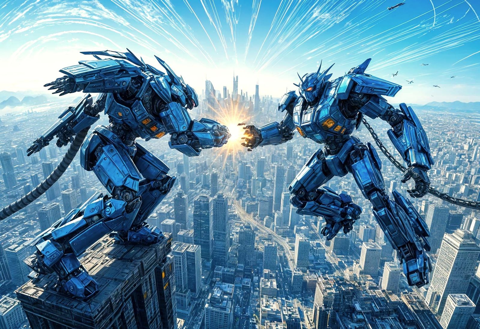 Mecha Clash on Skyscraper Ledge in Abstract Vector Style