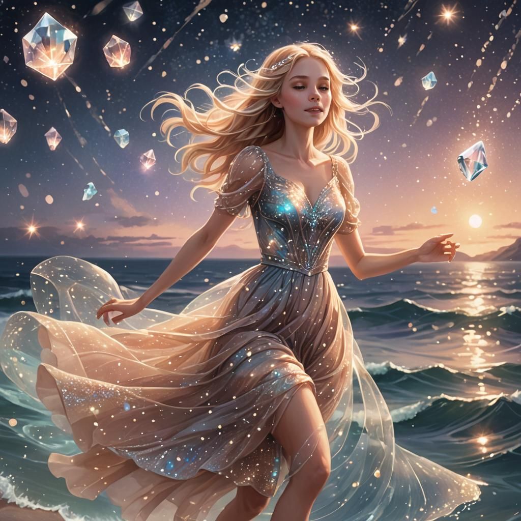 Girl Running on Starlit Ocean in Magical Realism Style