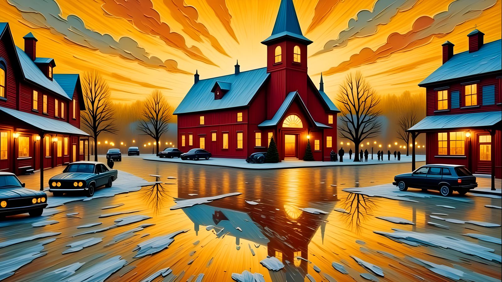 American Town Square at Night as Oil Painting